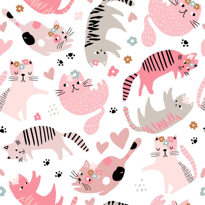 Behang Seamless childish pattern with cute girl cats . Creative kids hand drawn texture for fabric, wrapping, textile, wallpaper, apparel. Vector illustration