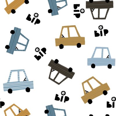 Behang Seamless childish pattern with hand cartoon drawn cars. Creative kids texture for fabric, wrapping, textile, wallpaper, apparel. Vector illustration