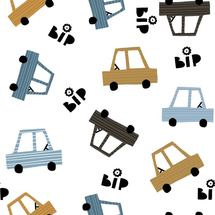 Behang Seamless childish pattern with hand cartoon drawn cars. Creative kids texture for fabric, wrapping, textile, wallpaper, apparel. Vector illustration