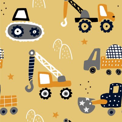 Behang Seamless childish pattern with hand drawn building cars. Creative kids texture for fabric, wrapping, textile, wallpaper, apparel. Vector illustration