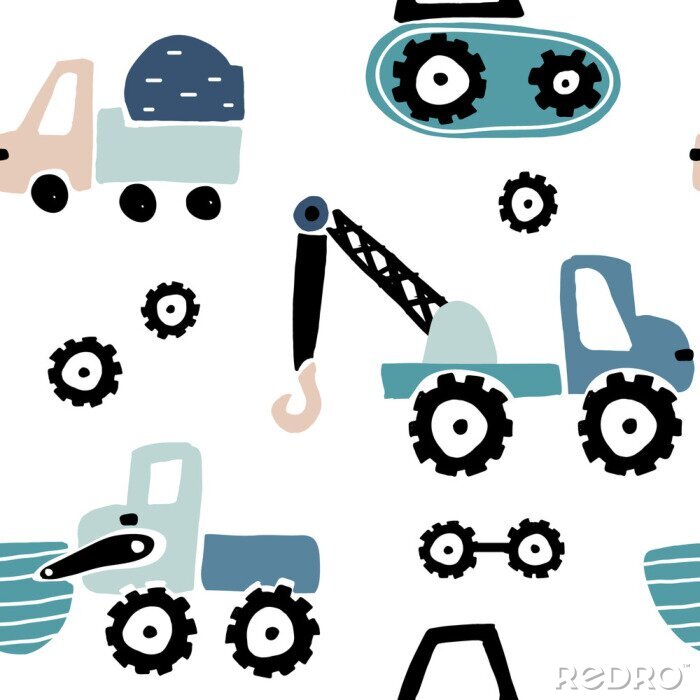 Behang Seamless childish pattern with hand drawn cars. Creative kids texture for fabric, wrapping, textile, wallpaper, apparel. Vector illustration