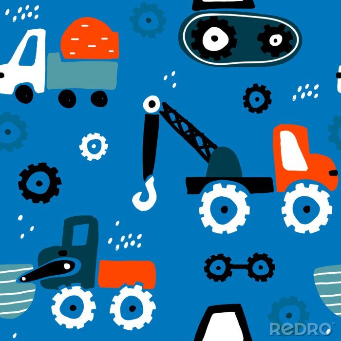Behang Seamless childish pattern with hand drawn cars. Creative kids texture for fabric, wrapping, textile, wallpaper, apparel. Vector illustration