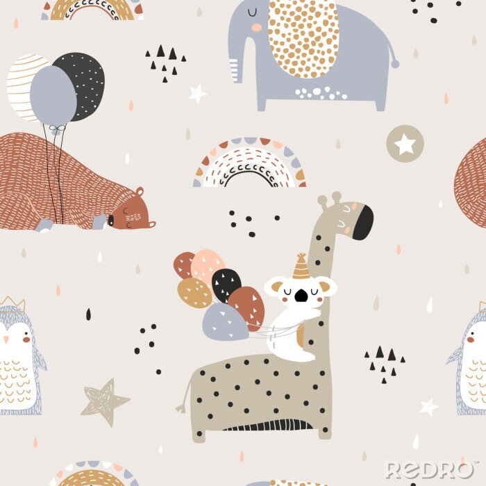Behang Seamless childish pattern with party animals . Creative scandinavian kids texture for fabric, wrapping, textile, wallpaper, apparel. Vector illustration