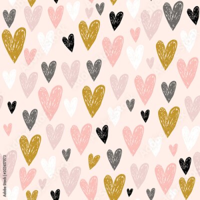 Behang Seamless childish pattern with pink hand drawn hearts.Creative scandinavian kids texture for fabric, wrapping, textile, wallpaper, apparel. Vector illustration