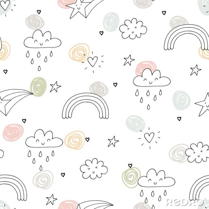 Behang seamless clouds and stars pattern vector illustration