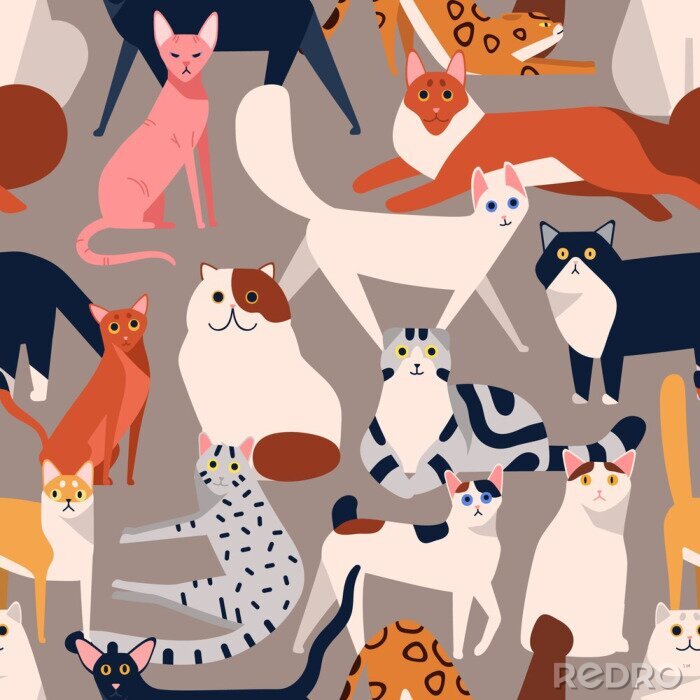 Behang Seamless colored pattern with different cat breeds flat illustration. Creative decorative background with various pet vector isolated on gray. Funny cute domestic animal