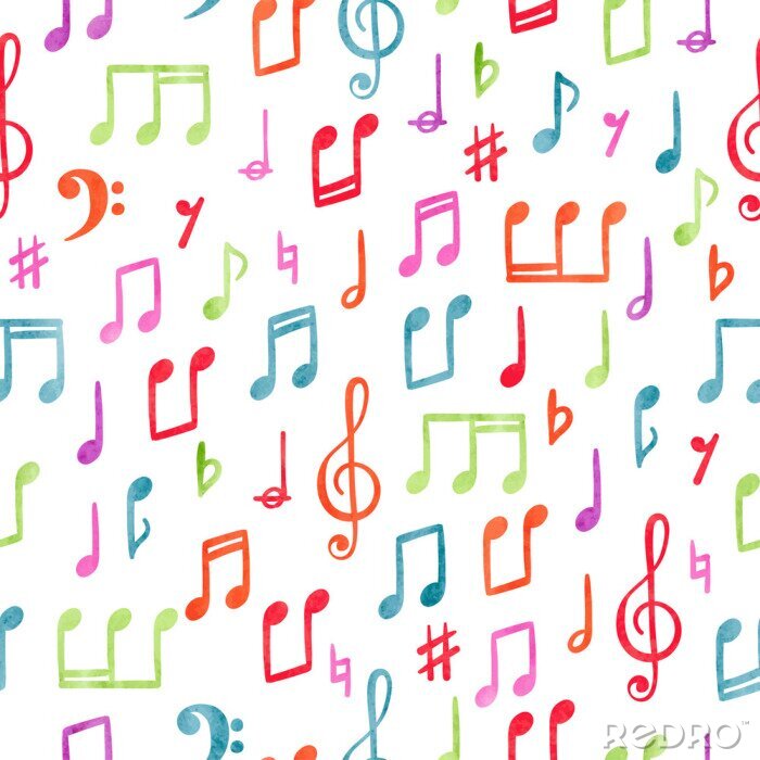 Behang Seamless colorful music notes pattern. Musical watercolor background.	