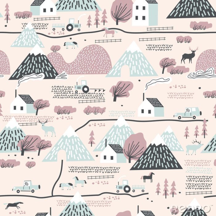 Behang Seamless colorful pattern with house, trees, horses, mountains and hills. Perfect for kids fabric, textile, nursery wallpaper.