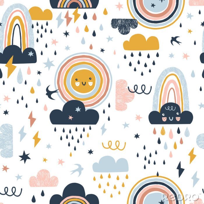 Behang Seamless cute pattern with hand drawn rainbows, rain drops, clouds sun and martlets. Creative scandinavian childish background for fabric, wrapping, textile, wallpaper, apparel. Vector illustration