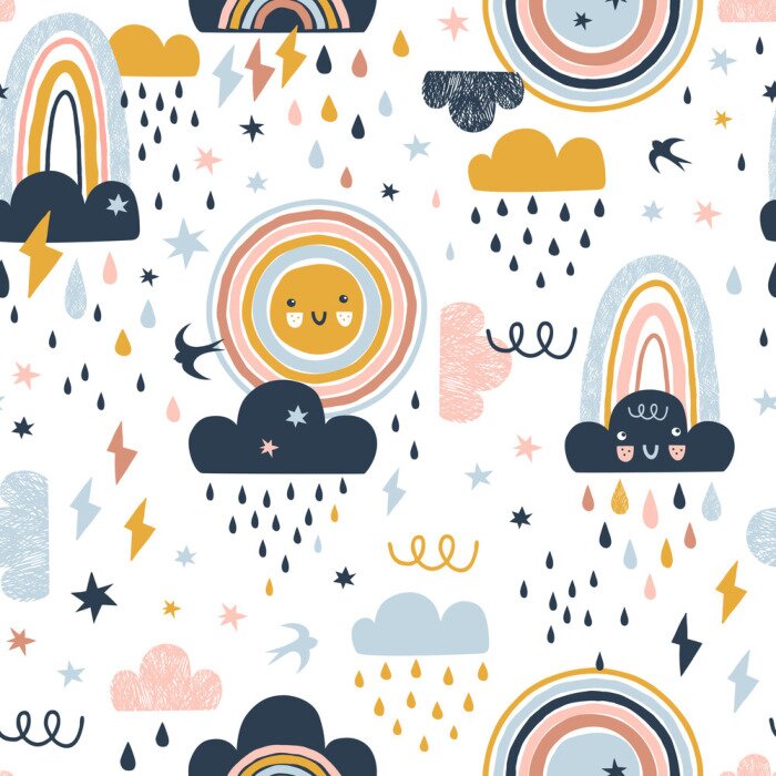 Behang Seamless cute pattern with hand drawn rainbows, rain drops, clouds sun and martlets. Creative scandinavian childish background for fabric, wrapping, textile, wallpaper, apparel. Vector illustration