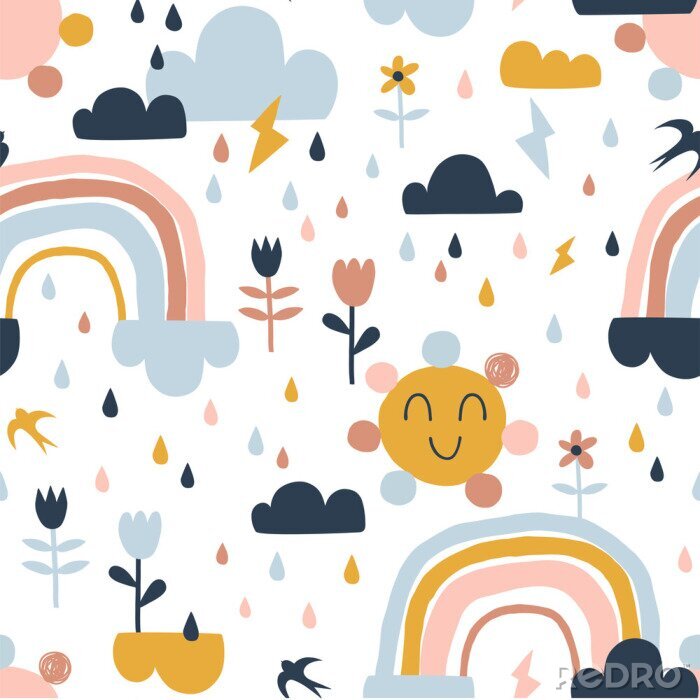 Behang Seamless cute pattern with hand drawn rainbows, rain drops, clouds sun, flowers and martlets. Creative scandinavian childish background for fabric, wrapping, textile, wallpaper, apparel. Vector