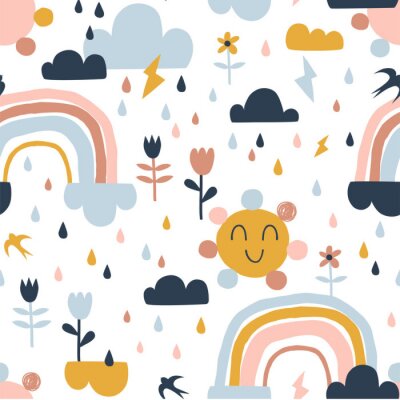 Behang Seamless cute pattern with hand drawn rainbows, rain drops, clouds sun, flowers and martlets. Creative scandinavian childish background for fabric, wrapping, textile, wallpaper, apparel. Vector