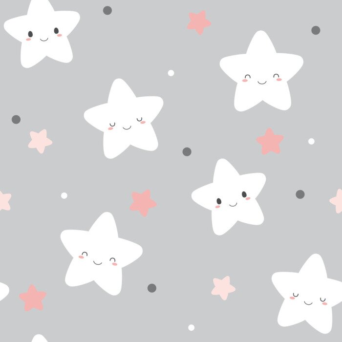 Behang Seamless cute smiley white stars pattern on pastel grey background.