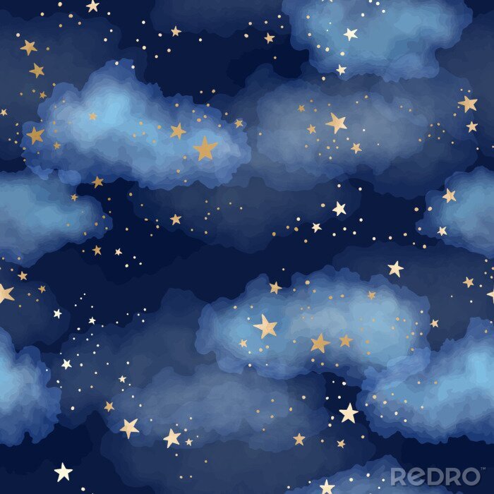 Behang Seamless dark blue night sky pattern with gold foil constellations, stars and watercolor clouds