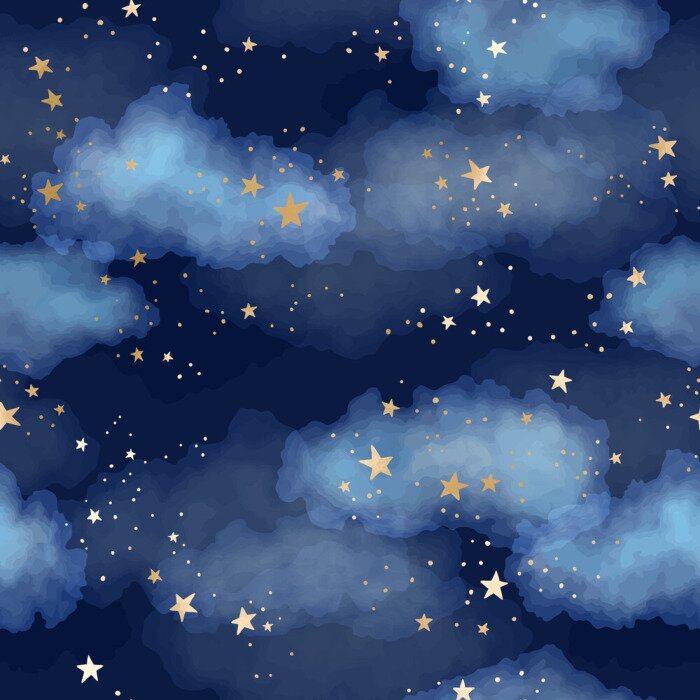 Behang Seamless dark blue night sky pattern with gold foil constellations, stars and watercolor clouds
