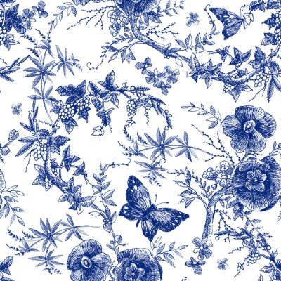 Behang seamless design with roses flowers. Fairytale forest. hand drawn vintage botanical pattern line graphics. fashion textile design Indigo color. floral illustration