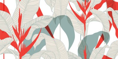 Behang Seamless floral pattern in vintage oriental style. Exotic leaves with red Heliconia flowers on a light background. Vector illustration
