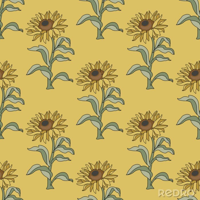 Behang Seamless floral pattern with branches of sunflower plant.