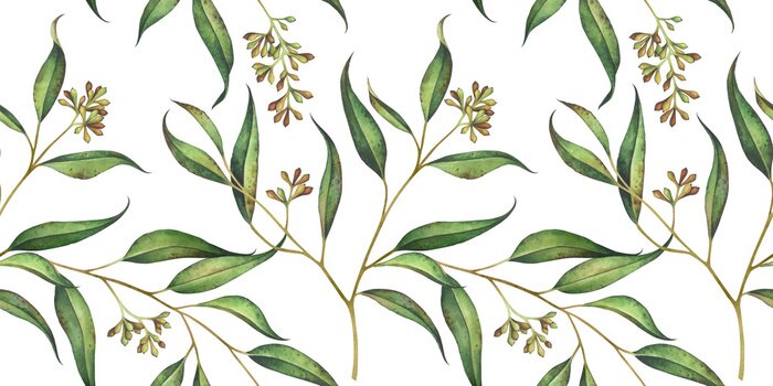 Behang Seamless floral pattern with eucalyptus branches. Watercolor illustration.