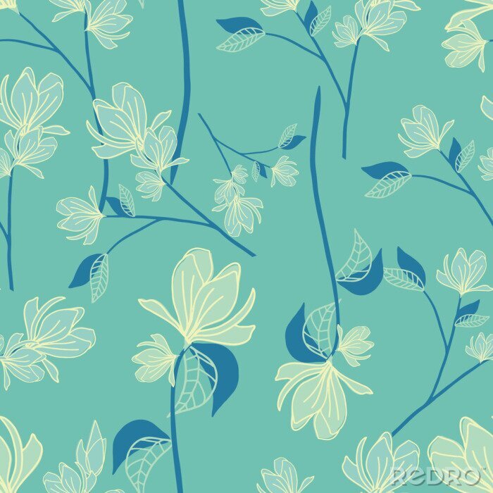 Behang seamless floral pattern with hand drawn magnolia flowers. creative floral designs for fabric, wrapping, wallpaper, textile, apparel. vector illustration