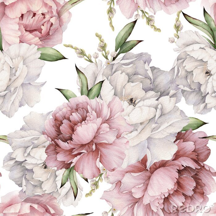 Behang Seamless floral pattern with peonies on light background, watercolor. Template design for textiles, interior, clothes, wallpaper. Botanical art