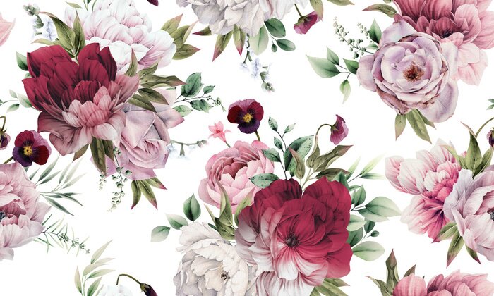 Behang Seamless floral pattern with peonies on summer background, watercolor illustration. Template design for textiles, interior, clothes, wallpaper