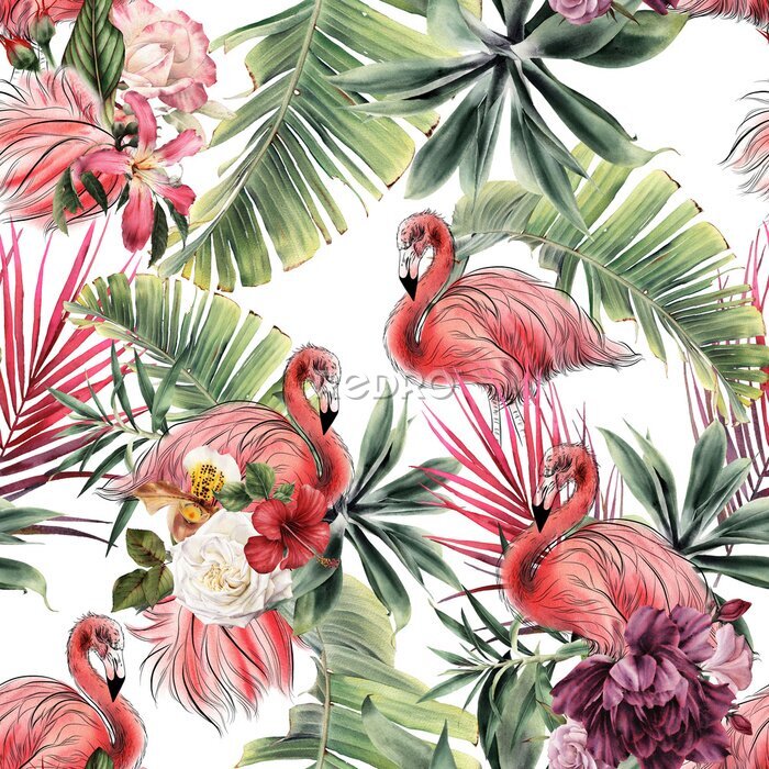 Behang Seamless floral pattern with tropical flowers and flamingo, watercolor.