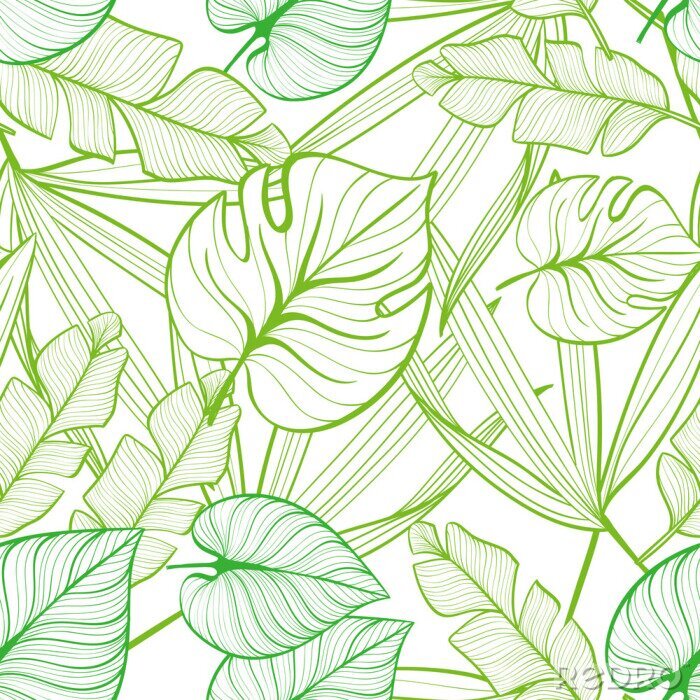 Behang Seamless floral pattern with tropical leaves. Line drawing. Hand-drawn illustration.