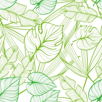 Behang Seamless floral pattern with tropical leaves. Line drawing. Hand-drawn illustration.