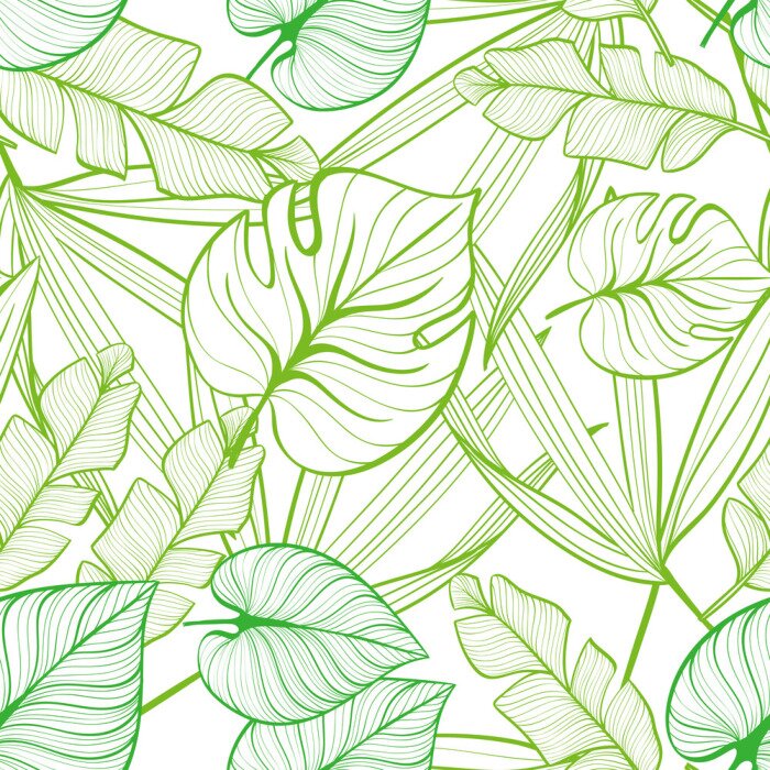 Behang Seamless floral pattern with tropical leaves. Line drawing. Hand-drawn illustration.