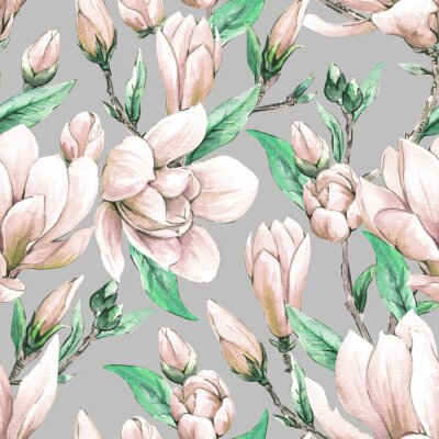 Behang Seamless floral wallpaper with japanese magnolia flowers, watercolor pattern for  spring woman dress.