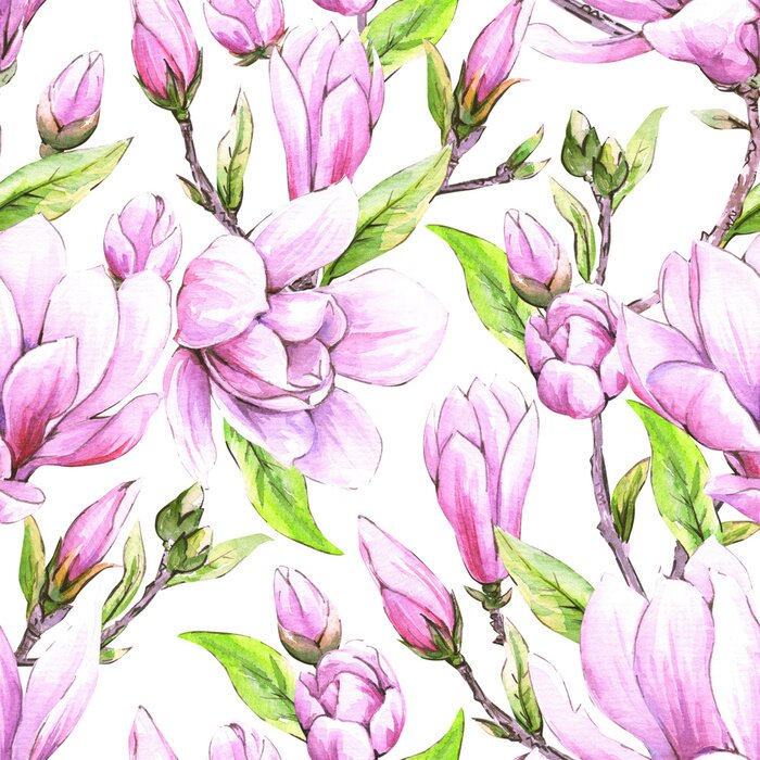 Behang Seamless floral wallpaper with japanese magnolia flowers, watercolor pattern for  spring woman dress.