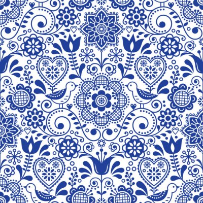 Behang Seamless folk art vector pattern with birds and flowers, Scandinavian navy blue repetitive floral design