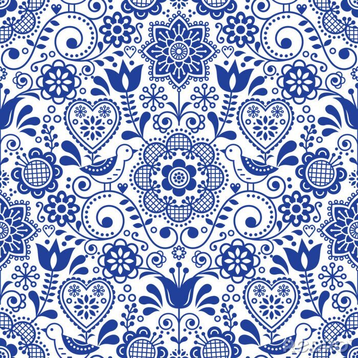 Behang Seamless folk art vector pattern with birds and flowers, Scandinavian navy blue repetitive floral design