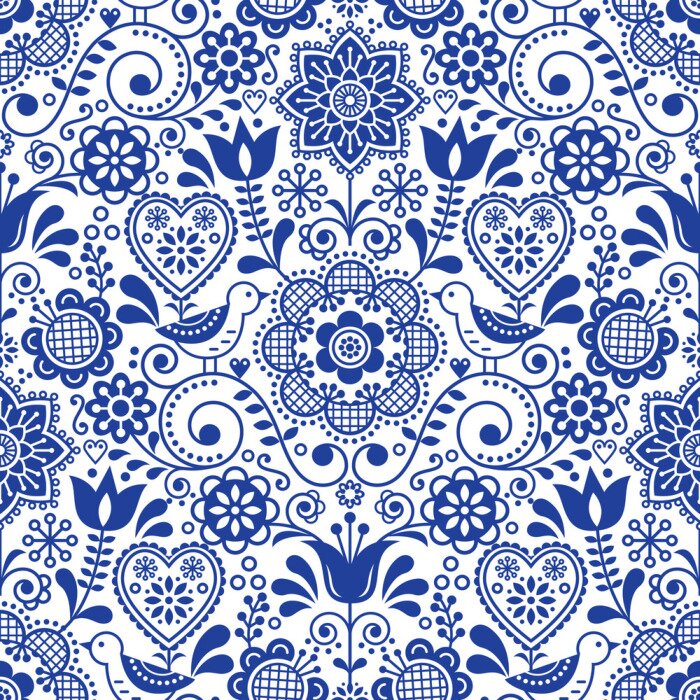 Behang Seamless folk art vector pattern with birds and flowers, Scandinavian navy blue repetitive floral design