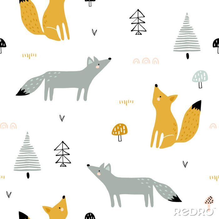 Behang Seamless forest pattern with foxes, trees, mushrooms. Creative minimalistic kids for fabric, wrapping, textile, wallpaper, apparel. Vector illustration