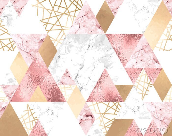 Behang Seamless geometric pattern with metallic lines, rose gold, gray and pink marble triangles