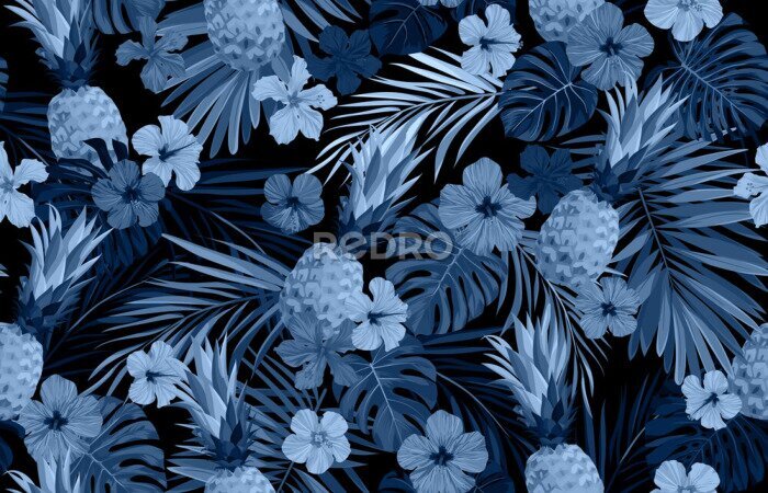 Behang Seamless hand drawn tropical vector pattern with exotic palm leaves, hibiscus flowers, pineapples and various plants on dark background.