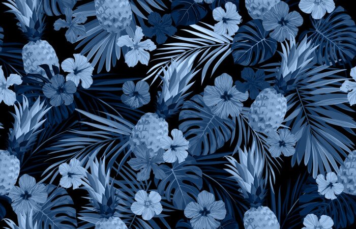 Behang Seamless hand drawn tropical vector pattern with exotic palm leaves, hibiscus flowers, pineapples and various plants on dark background.
