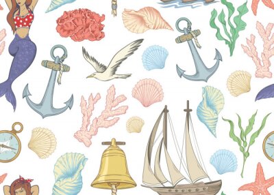 Behang Seamless nautical pattern with ships, mermaid, coral and other marine objects