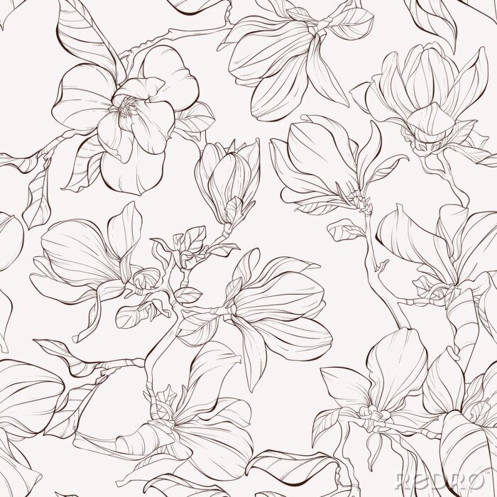Behang Seamless pattern, background with blooming magnolia flowers. Outline drawing.