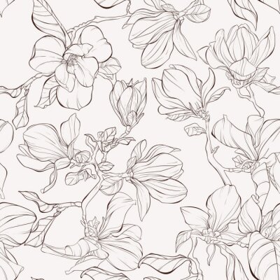 Behang Seamless pattern, background with blooming magnolia flowers. Outline drawing.