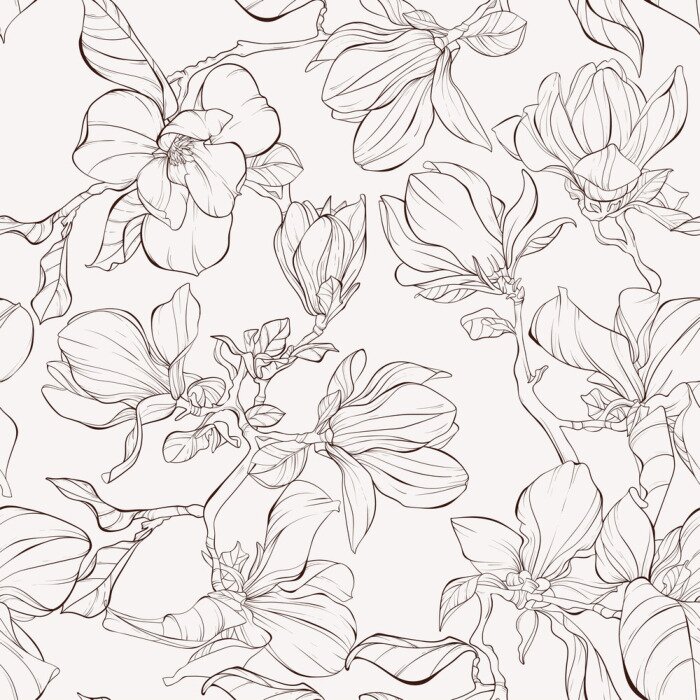 Behang Seamless pattern, background with blooming magnolia flowers. Outline drawing.