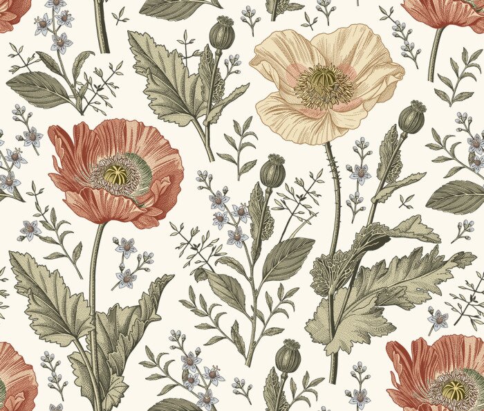 Behang Seamless pattern. Beautiful blooming realistic isolated flowers. Vintage background fabric. Poppy Croton wildflowers. Wallpaper baroque. Drawing engraving sketch Vector victorian
