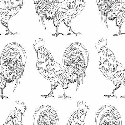 Behang seamless pattern, black and white linear rooster pattern