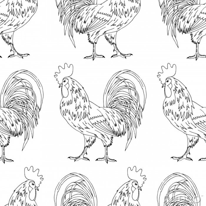 Behang seamless pattern, black and white linear rooster pattern