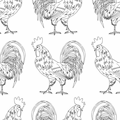 Behang seamless pattern, black and white linear rooster pattern