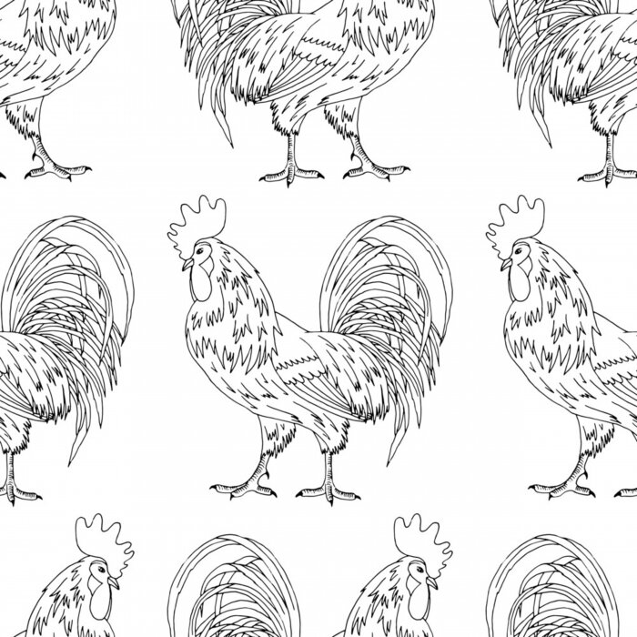 Behang seamless pattern, black and white linear rooster pattern