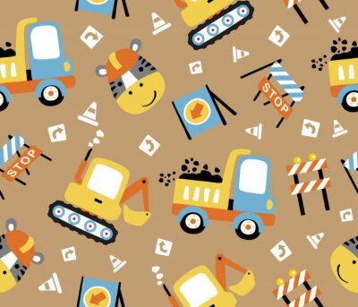 Behang seamless pattern cartoon of construction vehicles, construction signs  with a zebra the funny worker