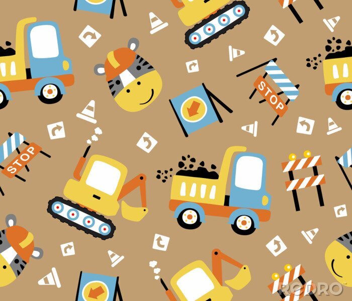 Behang seamless pattern cartoon of construction vehicles, construction signs  with a zebra the funny worker